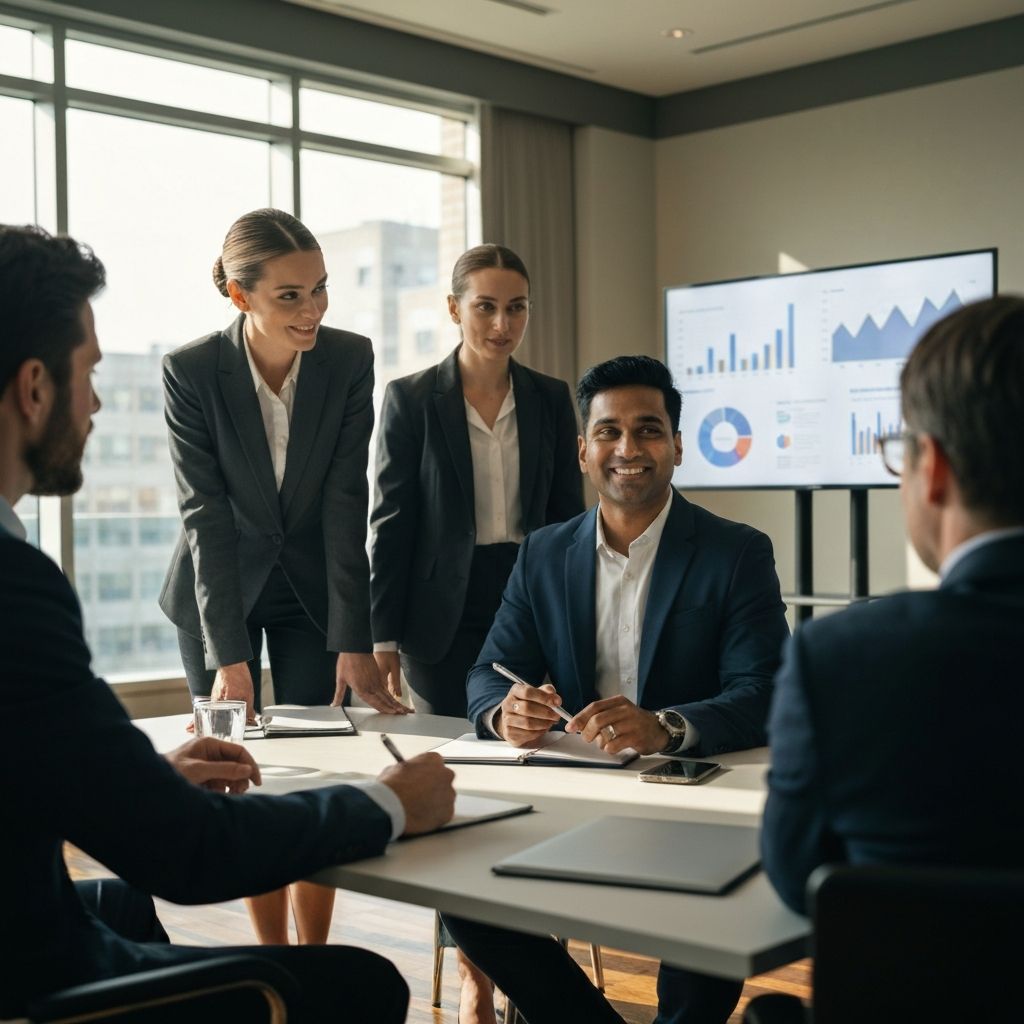 Equipo de asesores financieros en reunión estratégica con clientes